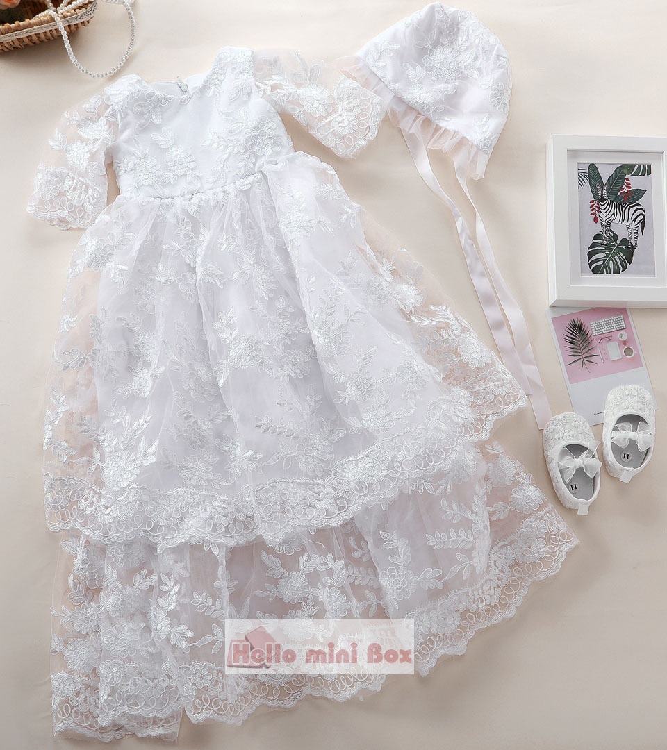Classic long full thread lace baptism dress and with lace cap