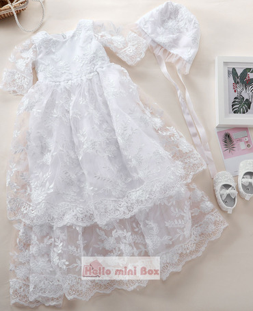 Classic long full thread lace baptism dress and with lace cap